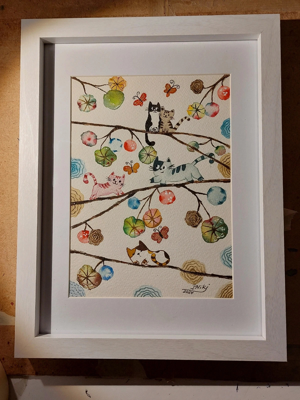 Original handmade watercolour painting with cute cats