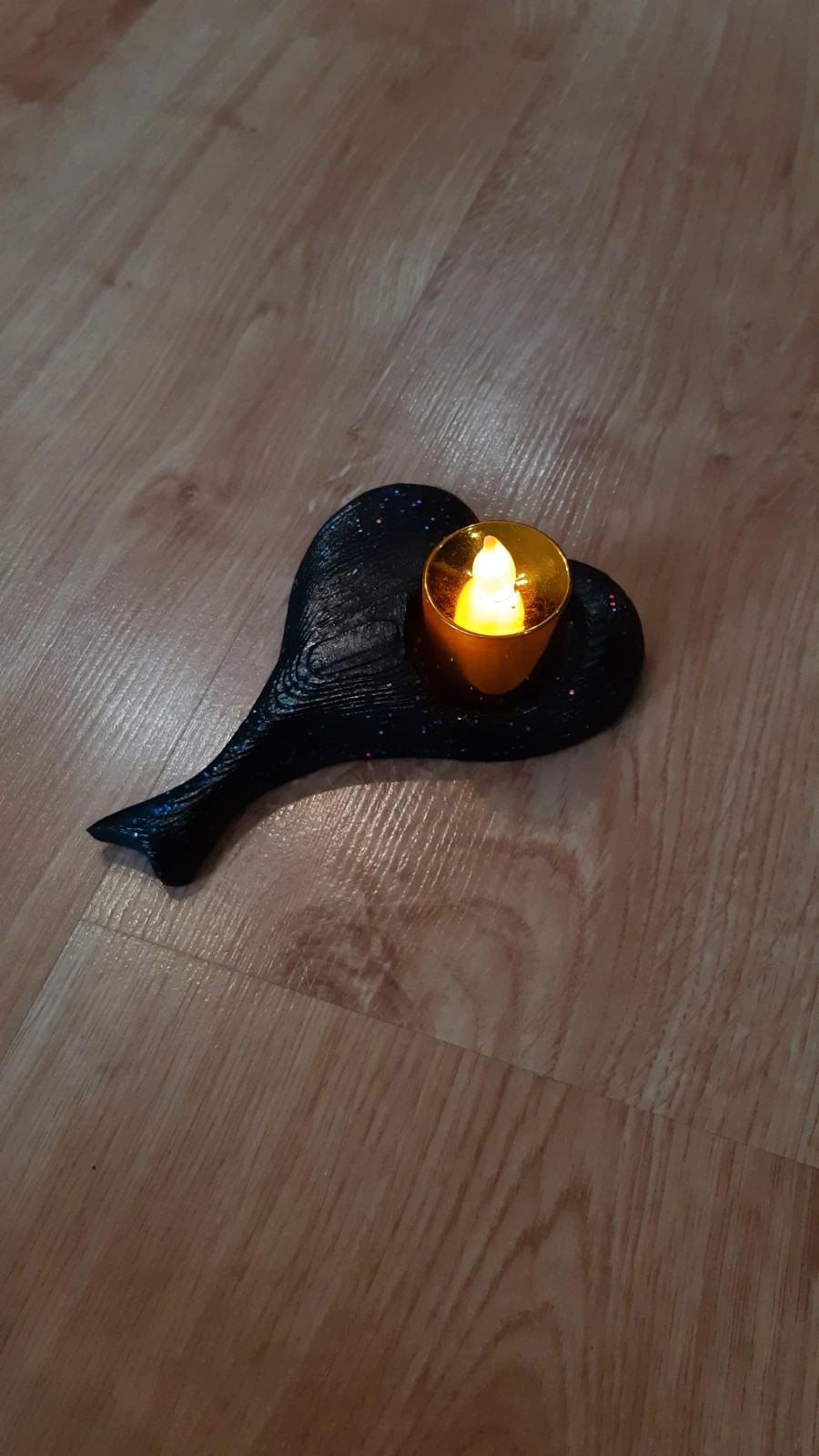 Świecznik z brokatem ciemno szmaragdowy serce + świeczka LED na baterie Handmade