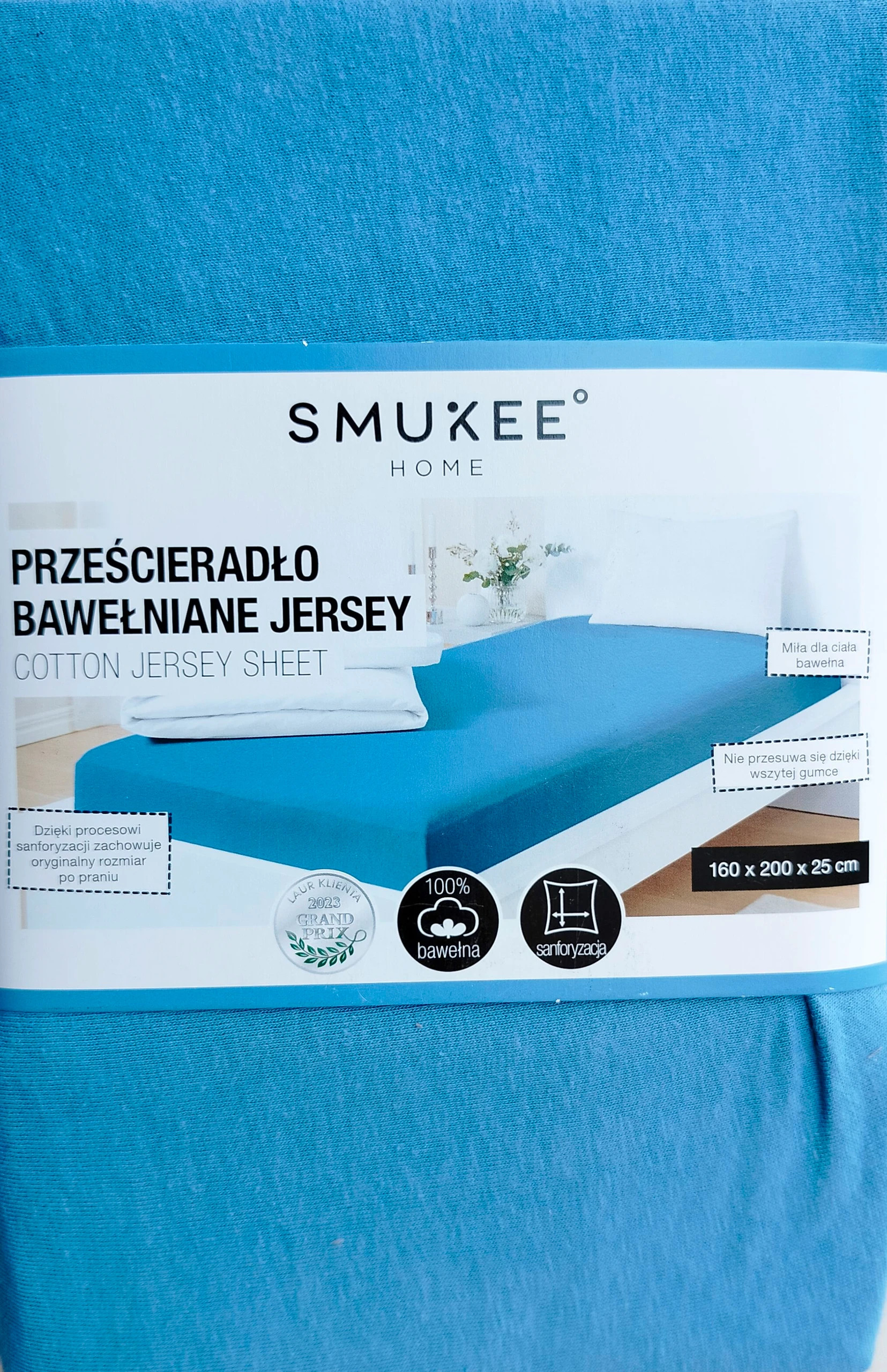 Prześcieradło bawełniane jersey z gumką Smukee 160x200x25 niebieskie 358