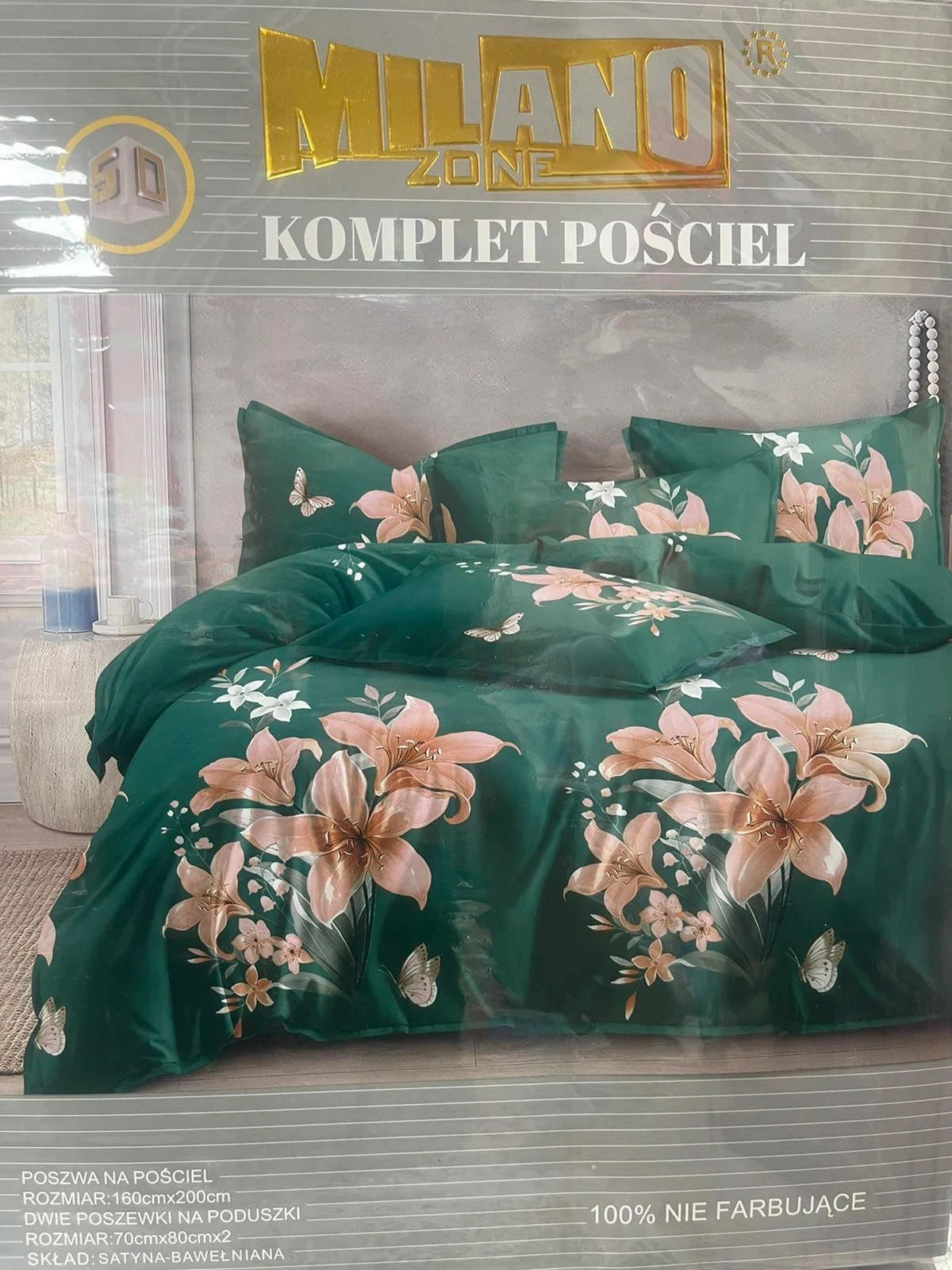 Bawełniany Komplet Pościeli Elegancki Premium Zestaw Prezent 160x200 zieleń beż