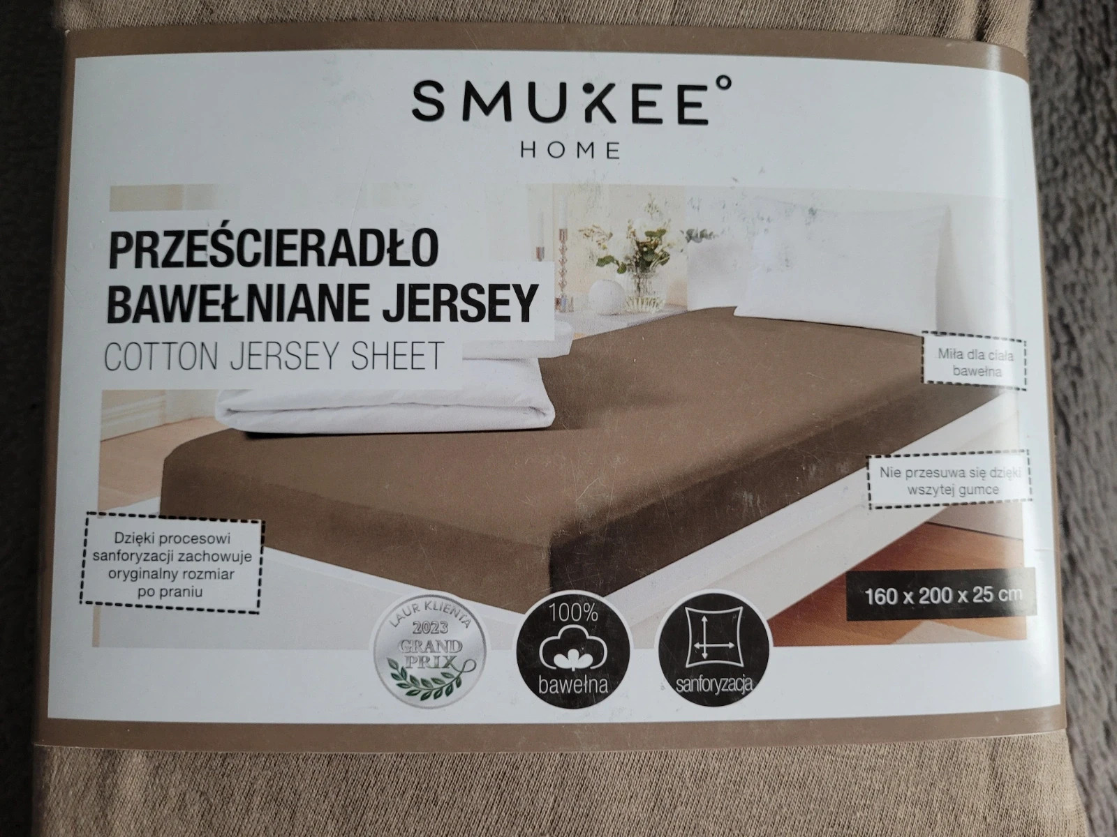 Prześcieradło bawełniane jersey Smukee Home 160x200x25cm beżowe 100% bawełna z gumką