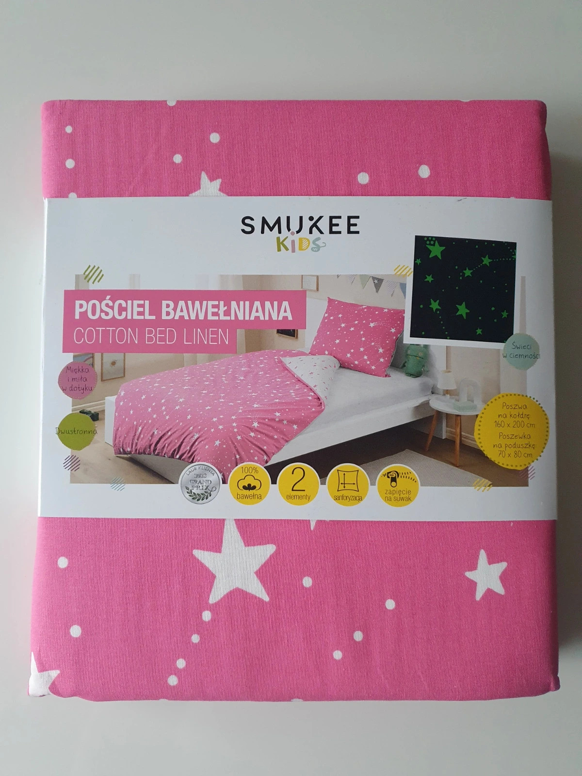 Pościel świecąca Dwustronna Smukee Kids Różowa 100%bawełna  160x200