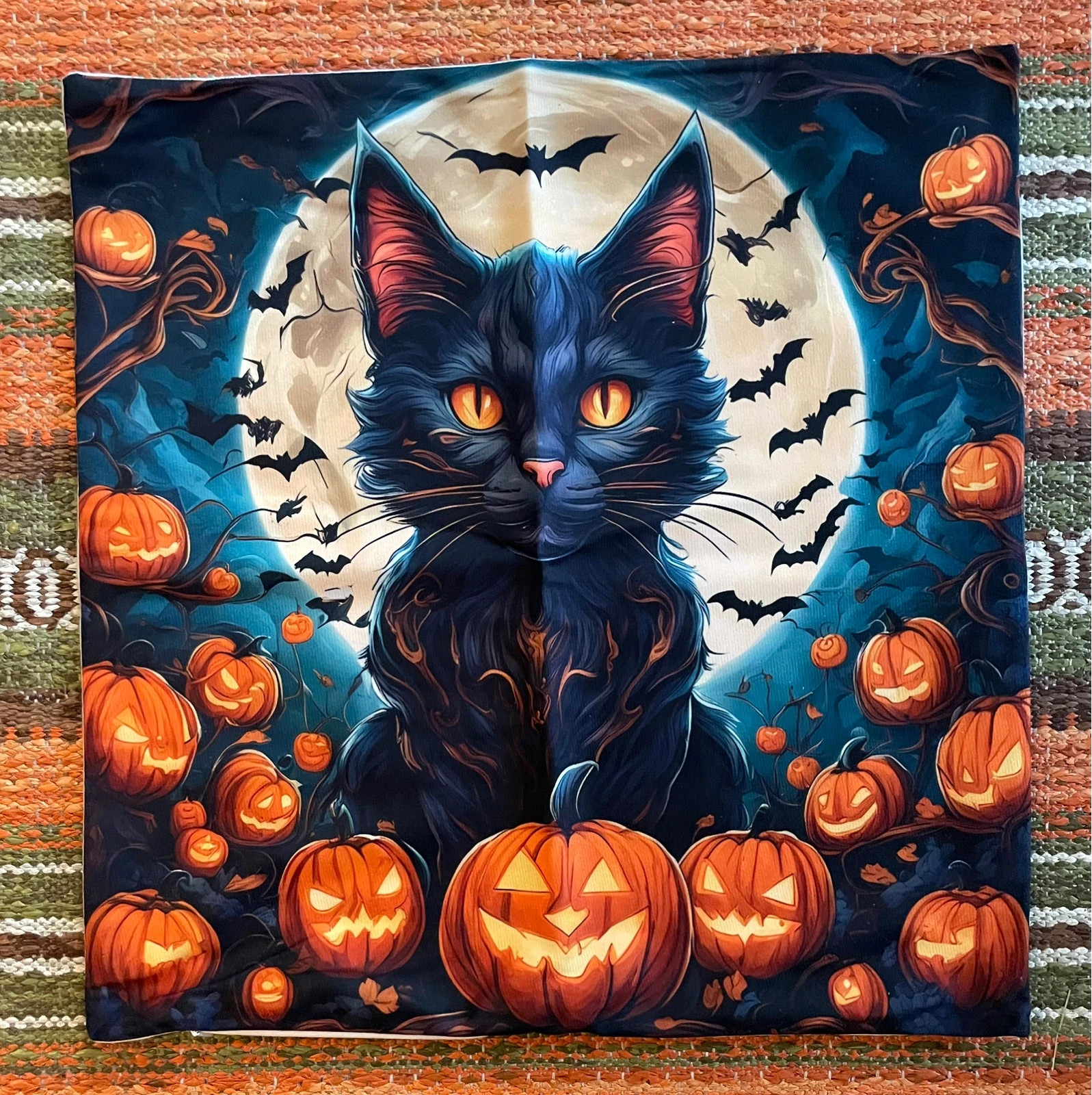 Kuddfodral Svart Katt Fladdermöss Halloween Bats Pumpkin