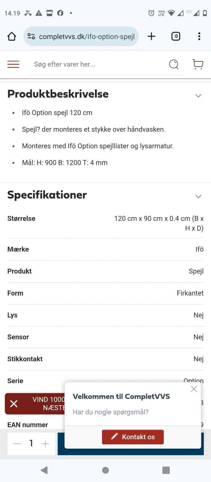 Ifö stor spejl 120×80cm