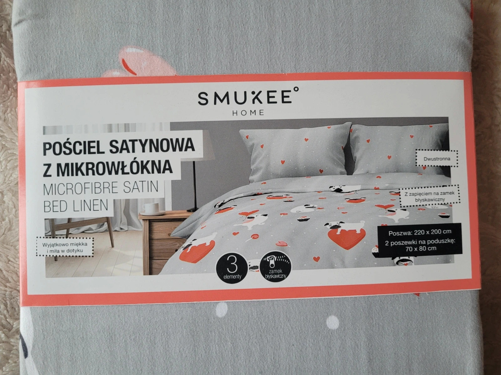 Posciel satynowa z mikrowłókna Smukee Home 220x200 cm komplet pościeli  szara w mopsy pies mops psy