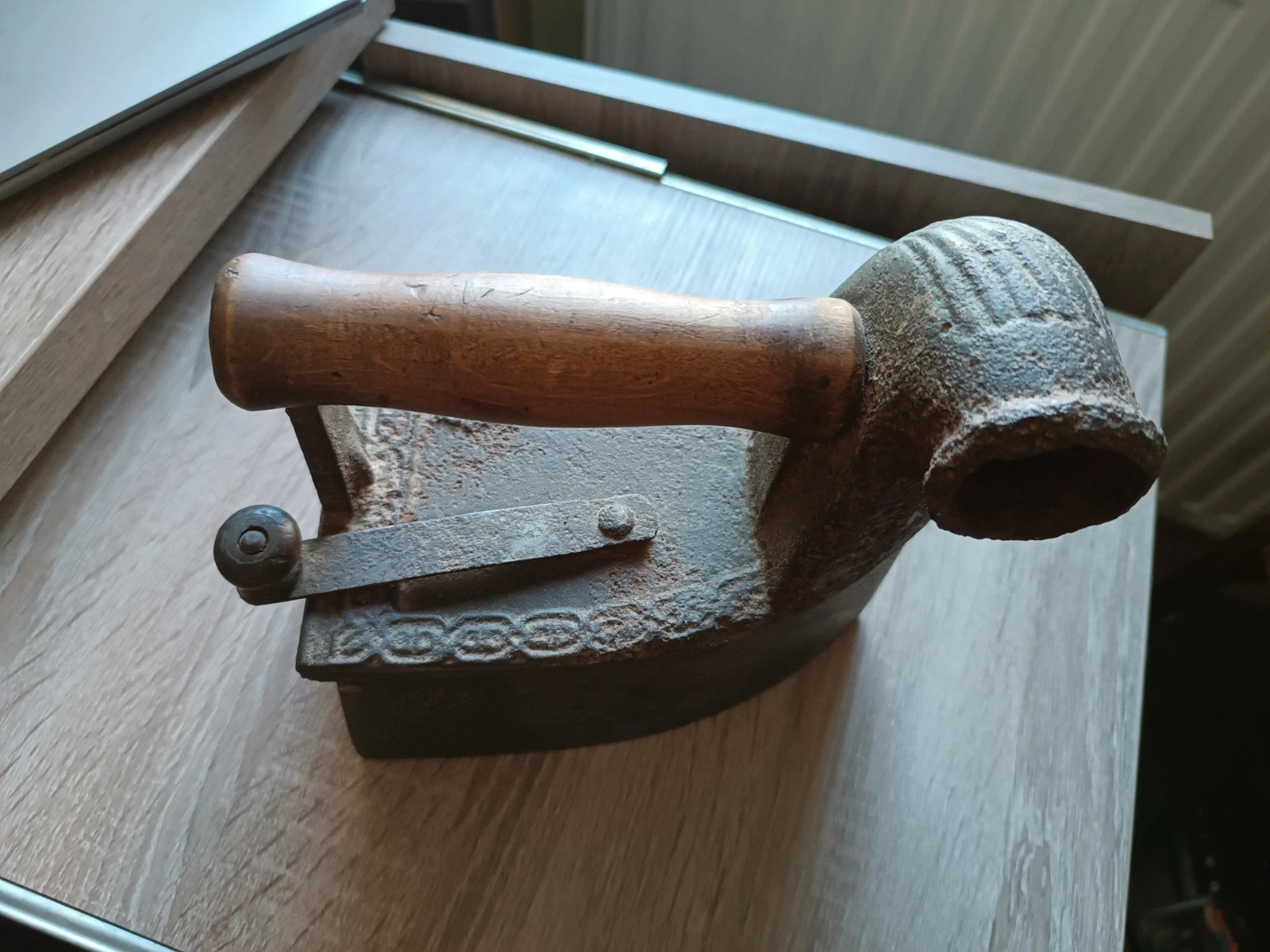 Antique Iron With Funnel Wooden Handle With Chimney