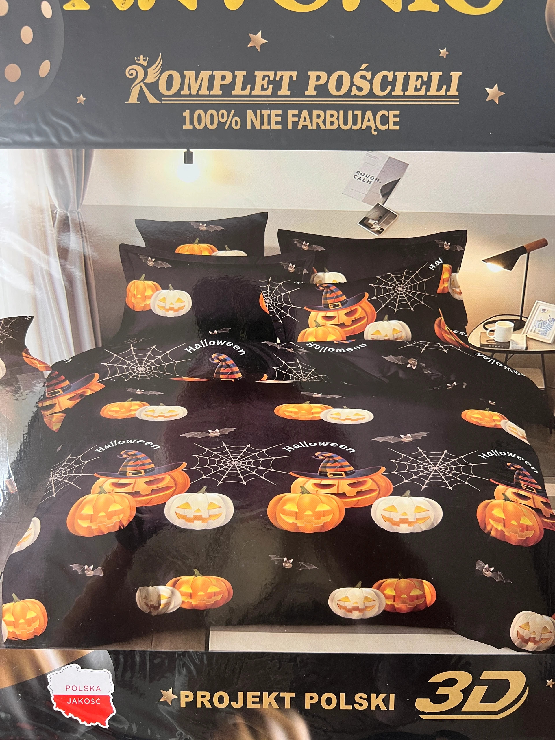 Nowa Pościel Antonio AML 160x200cm 3 częściowa satyna bawełniana Halloween dynie