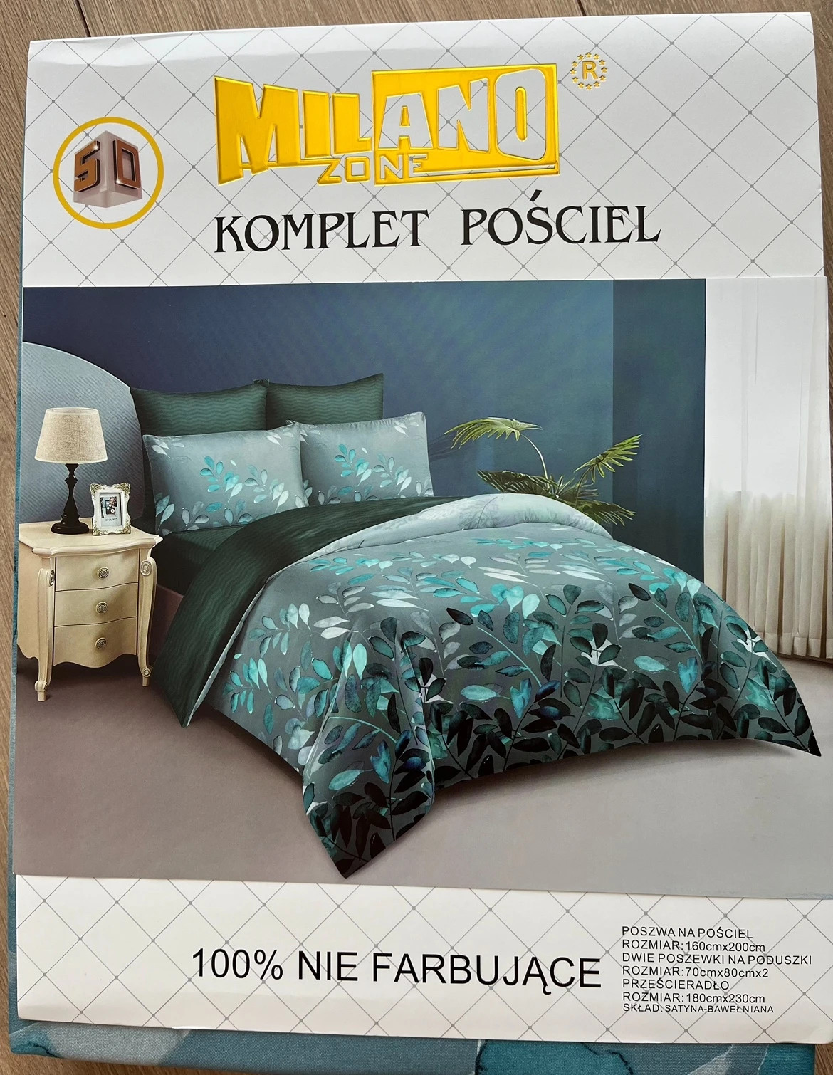 Pościel 160x200 komplet pościeli 4-częściowy zielona liście print wzór bawełniana satynowa