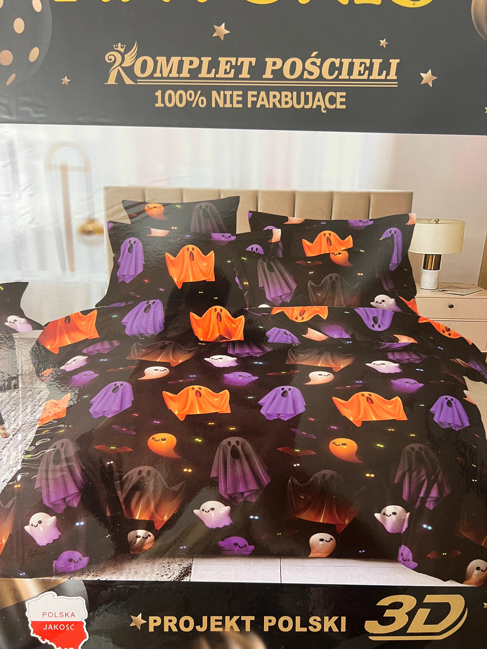 Nowa Pościel Antonio AML 160x200cm 3 częściowa satyna bawełniana Halloween duchy