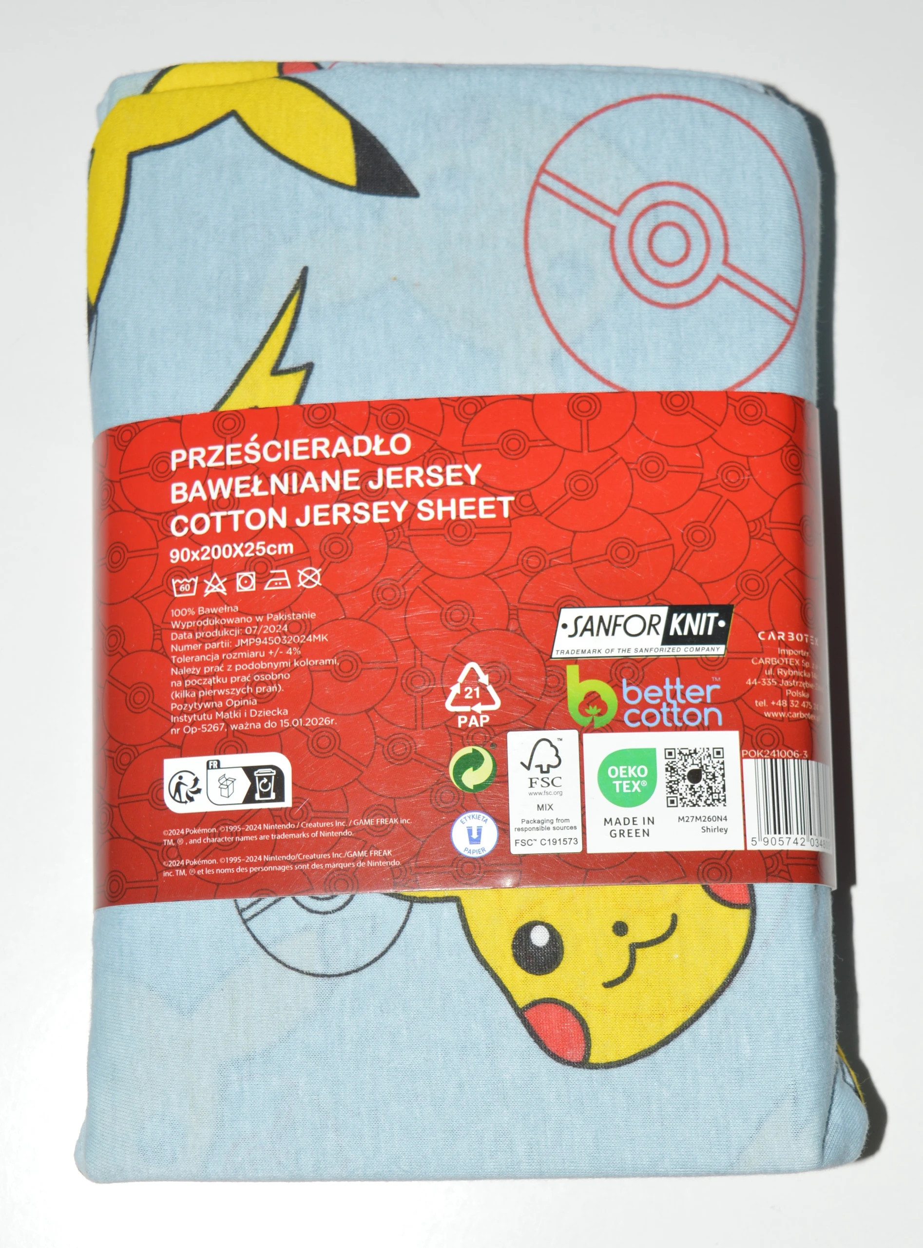 Prześcieradło bawełniane jersey 90x200 Pokemon - niebieskie