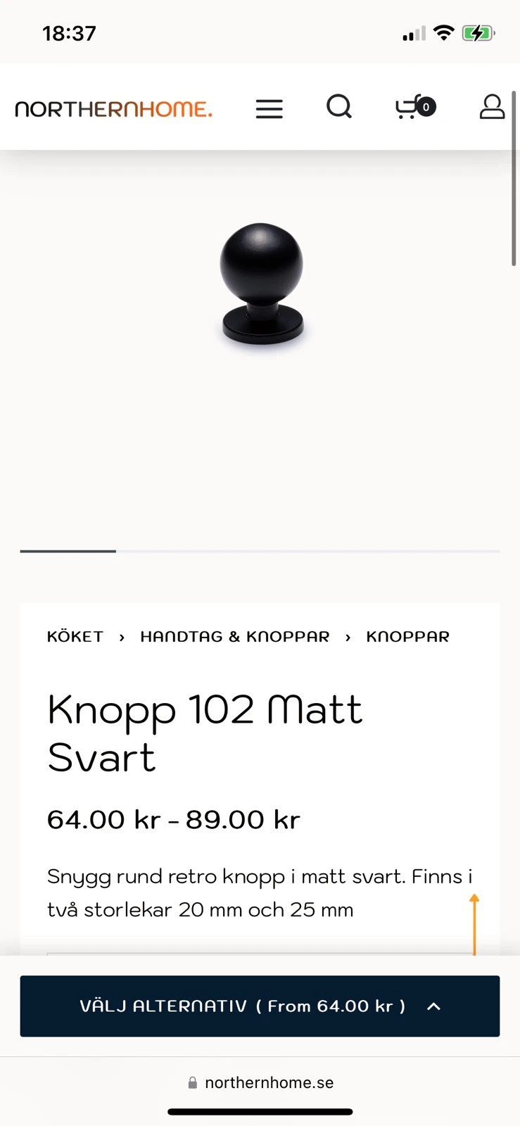 Knopp 102 matt svart Northerhomese