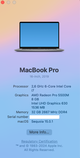 MacBook Pro, 2019, 2.6 GHz 6 Core