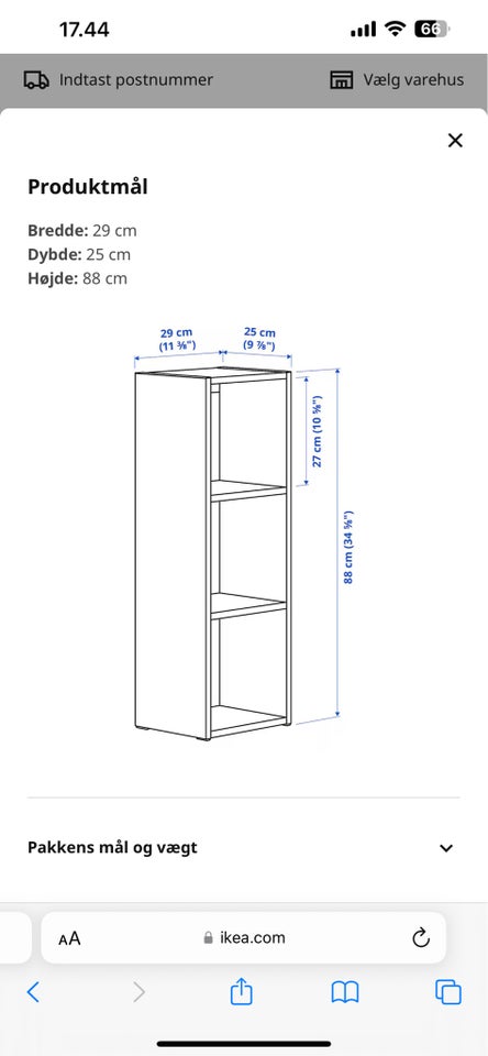 Reol ikea b: 29 d: 25 h: 88