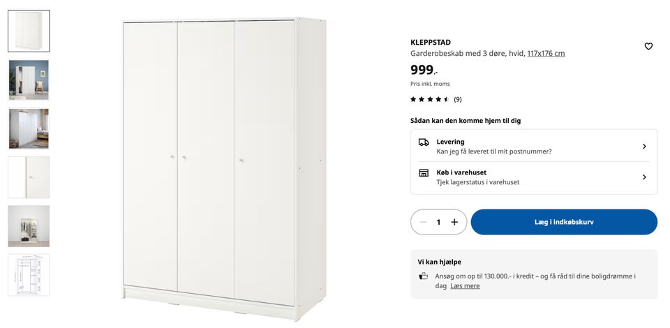 Klædeskab, Ikea, b: 117 d: 55 h: 175