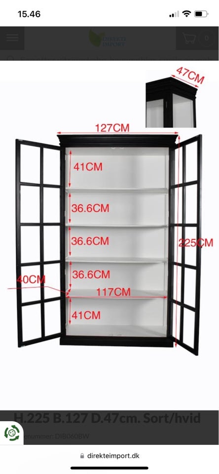 Vitrineskab, b: 127 d: 47 h: 225