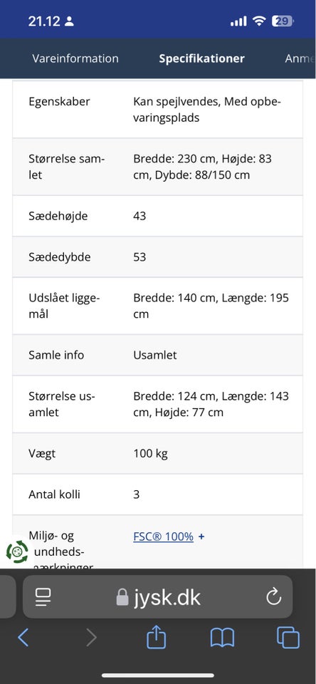 Sovesofa, Jysk MARSLEV , b: 150 l: