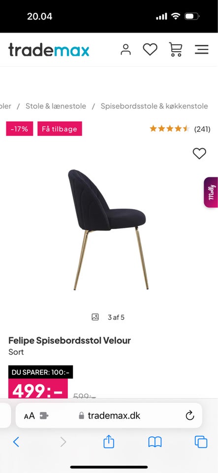 Spisebordsstol, Velour, b: 52 l: 79