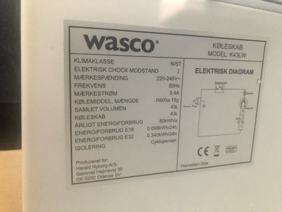 Andet køleskab Wasco b: 48 d: 44 h: