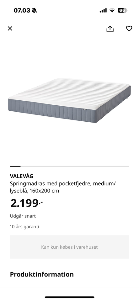 3/4 seng, Ikea , b: 160 l: 200 h: 38