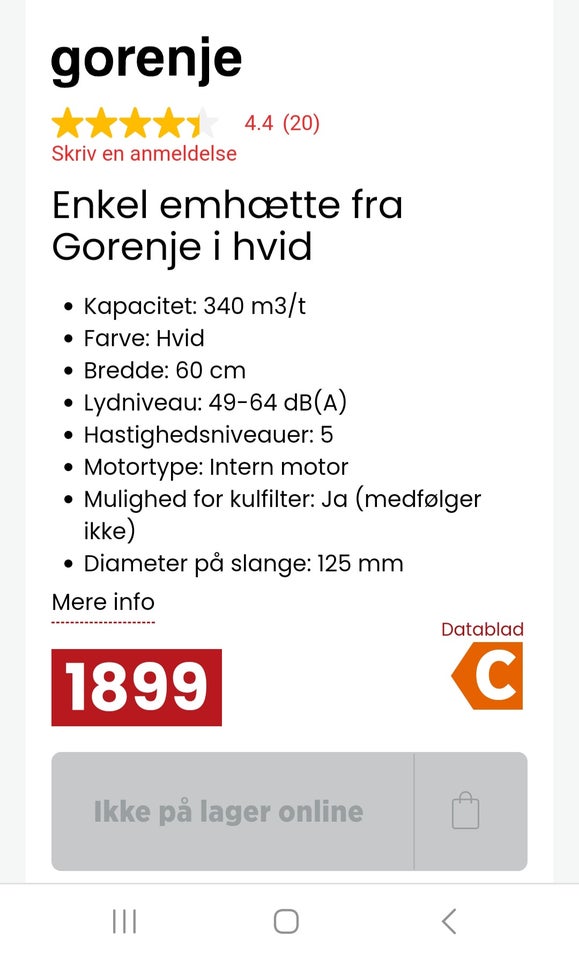 Emhætte, Gorenje DU6000W, b: 60 d: