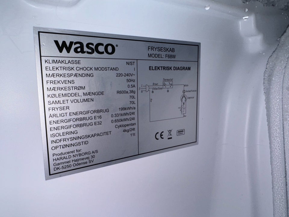 Fryseskab, Wasco F68W, 70 liter