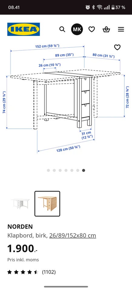 Spisebord, Birk, IKEA Norden