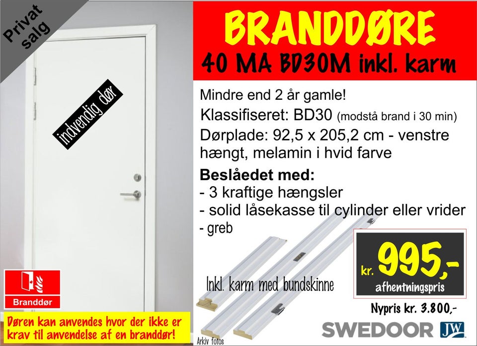 Branddør træ b: 92 h: 205