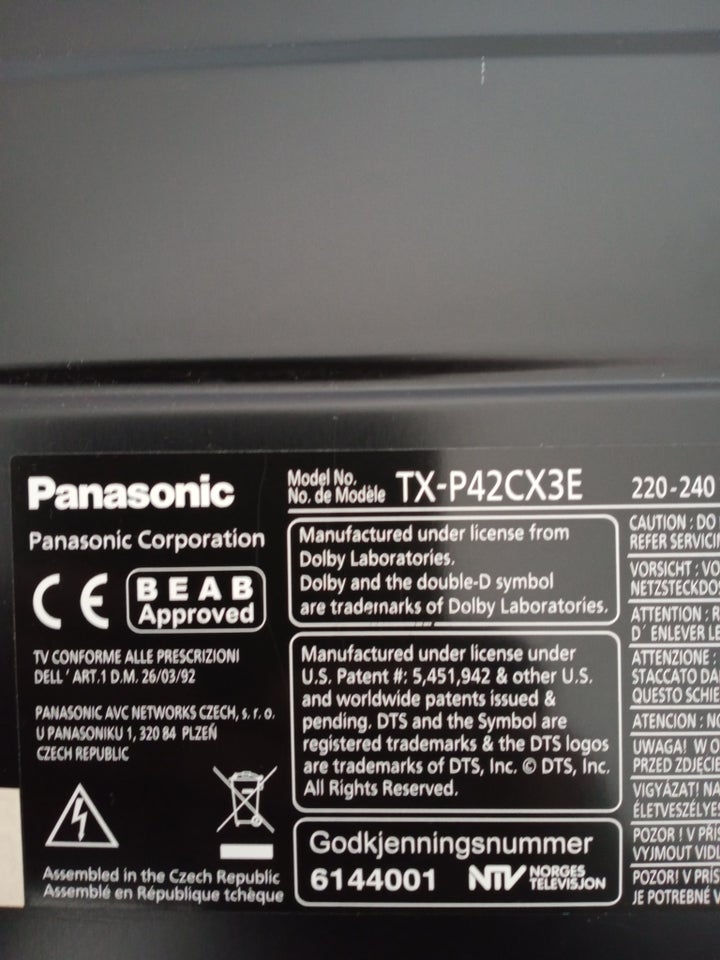 Plasma, Panasonic, TX P422CX3E