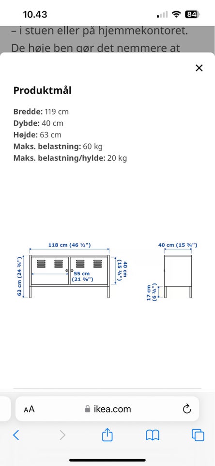 Andet skab IKEA b: 118 d: 40 h: 63