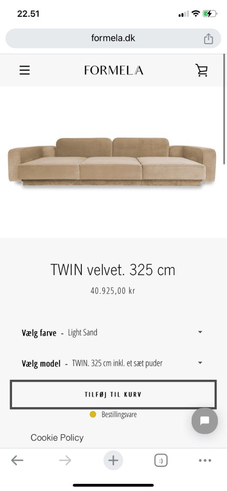 Sofa, velour, 4 pers.