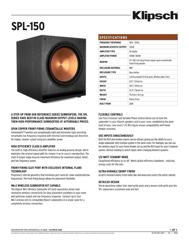 Subwoofer, Klipsch Audio, SPL 150