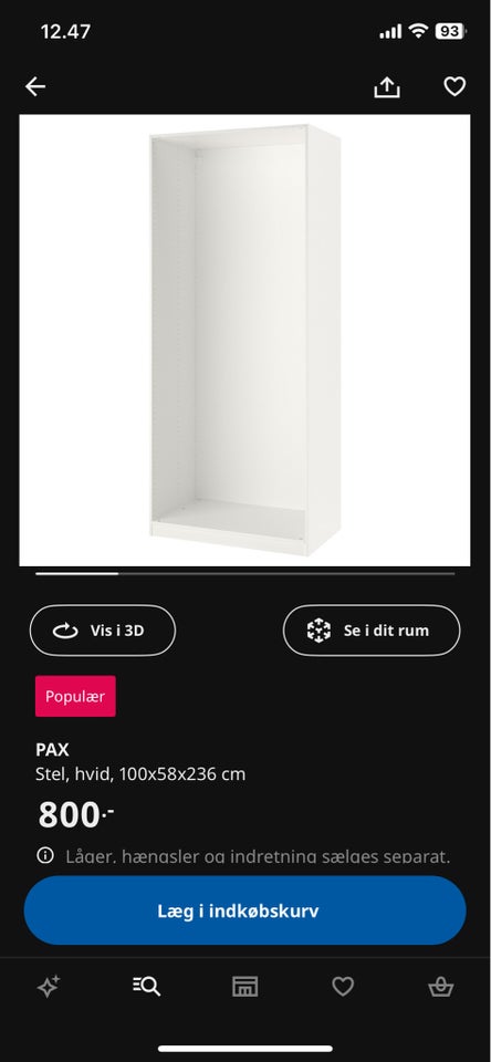 Garderobeskab Pax Ikea  b: 100 d: