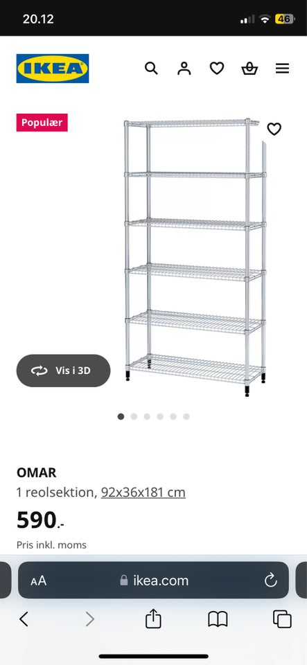 Reol, Omar ikea, b: 92 d: 36 h: 188