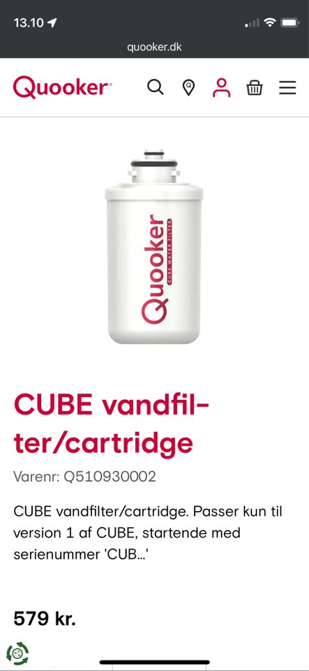 Quooker Vandfilter til Cube 1 ,