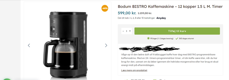 Kaffemaskine m/Timer Bodum