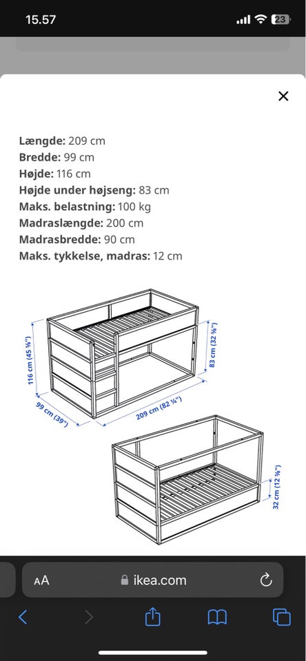 Køjeseng, Ikea KURA, b: 90cm l: 200