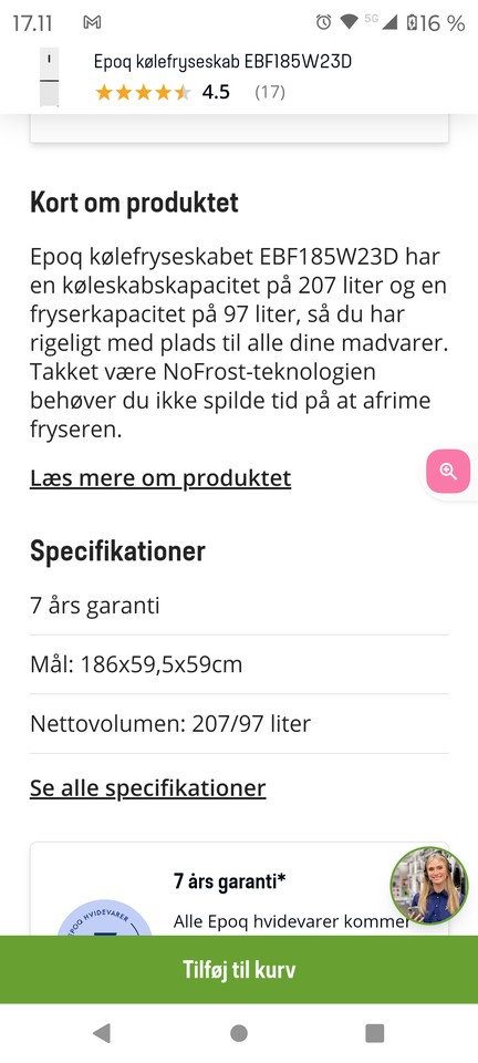 Køle/fryseskab, andet mærke Epoq,