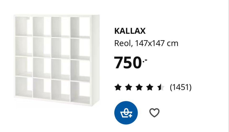 Reol, IKEA Kallax, b: 147 d: 39 h: 147