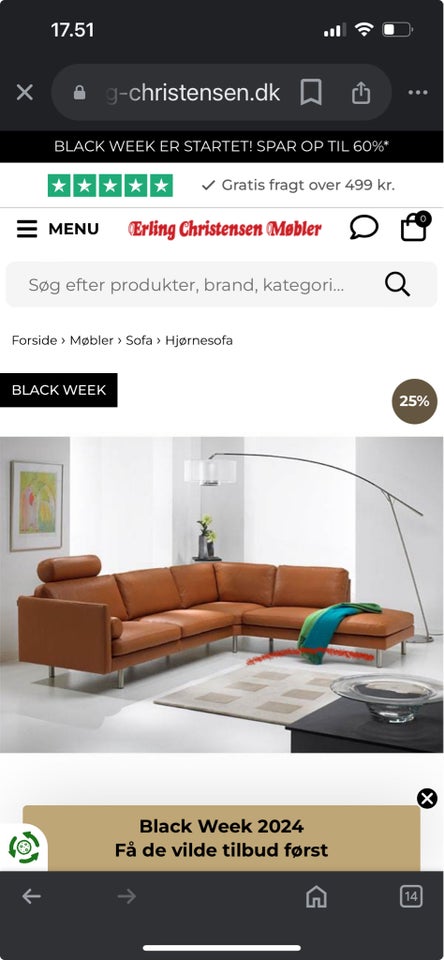 Hjørnesofa, læder, 5 pers.