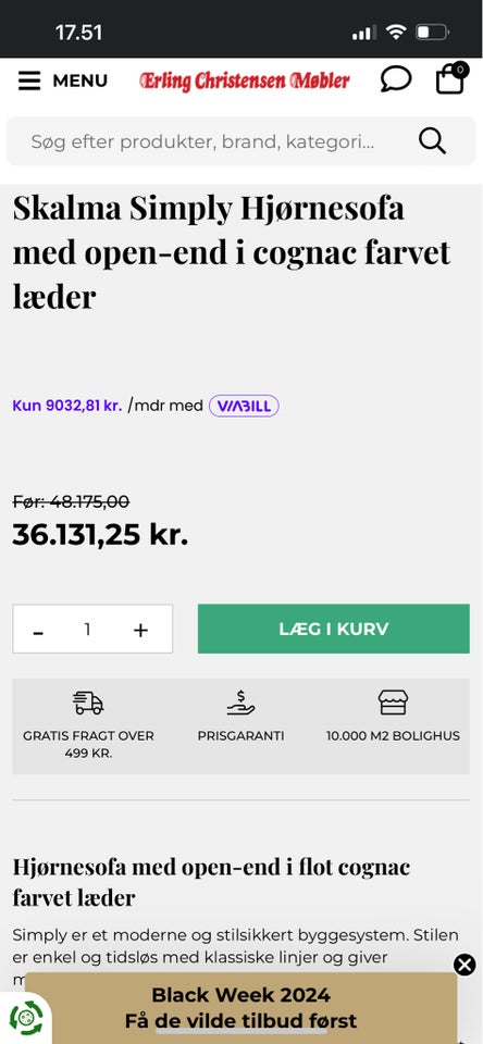 Hjørnesofa, læder, 5 pers.