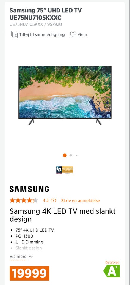 Samsung, 75” TV + ophæng