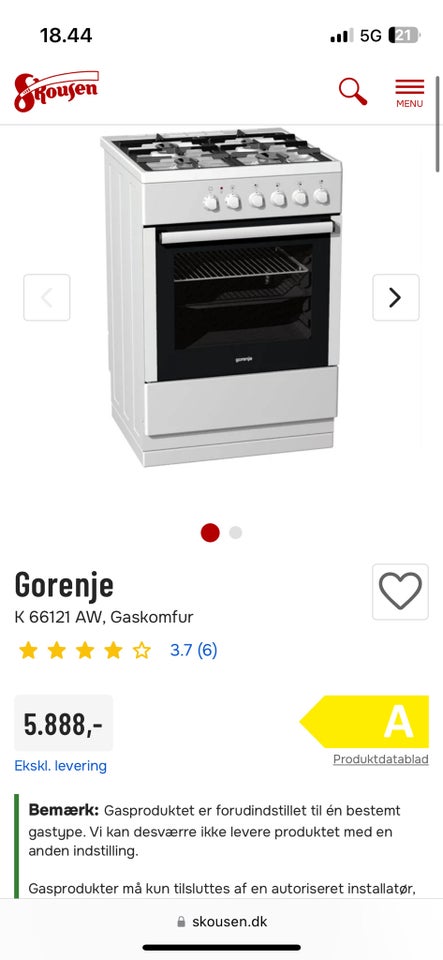 Gaskomfur Gorenje K66121AW b: 60