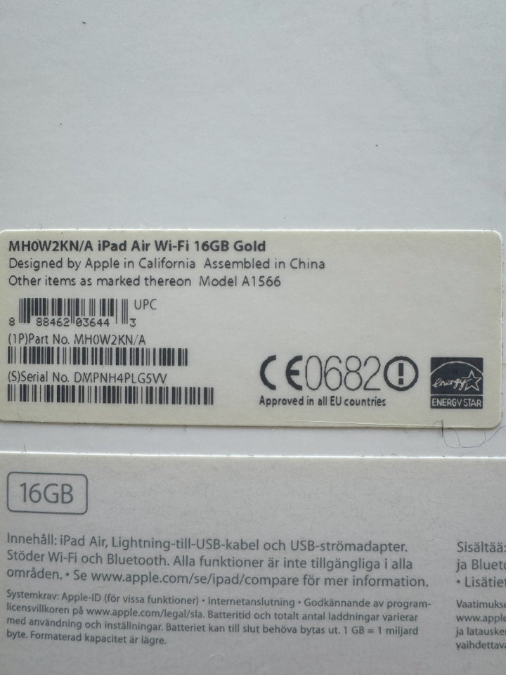 iPad Air 2, 16 GB, hvid