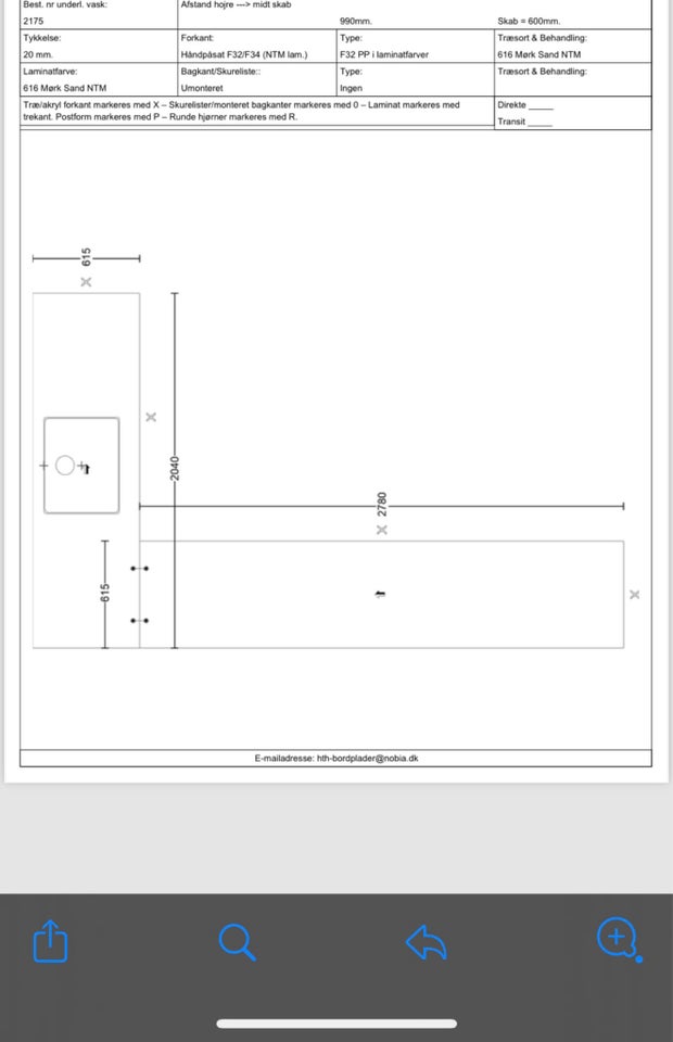 20mm bordplade med underlimet vask