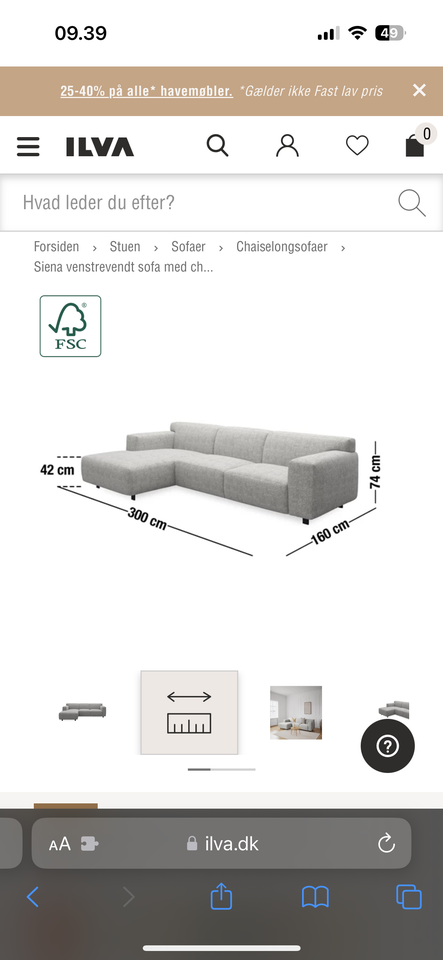 Sofa fløjl 3 pers