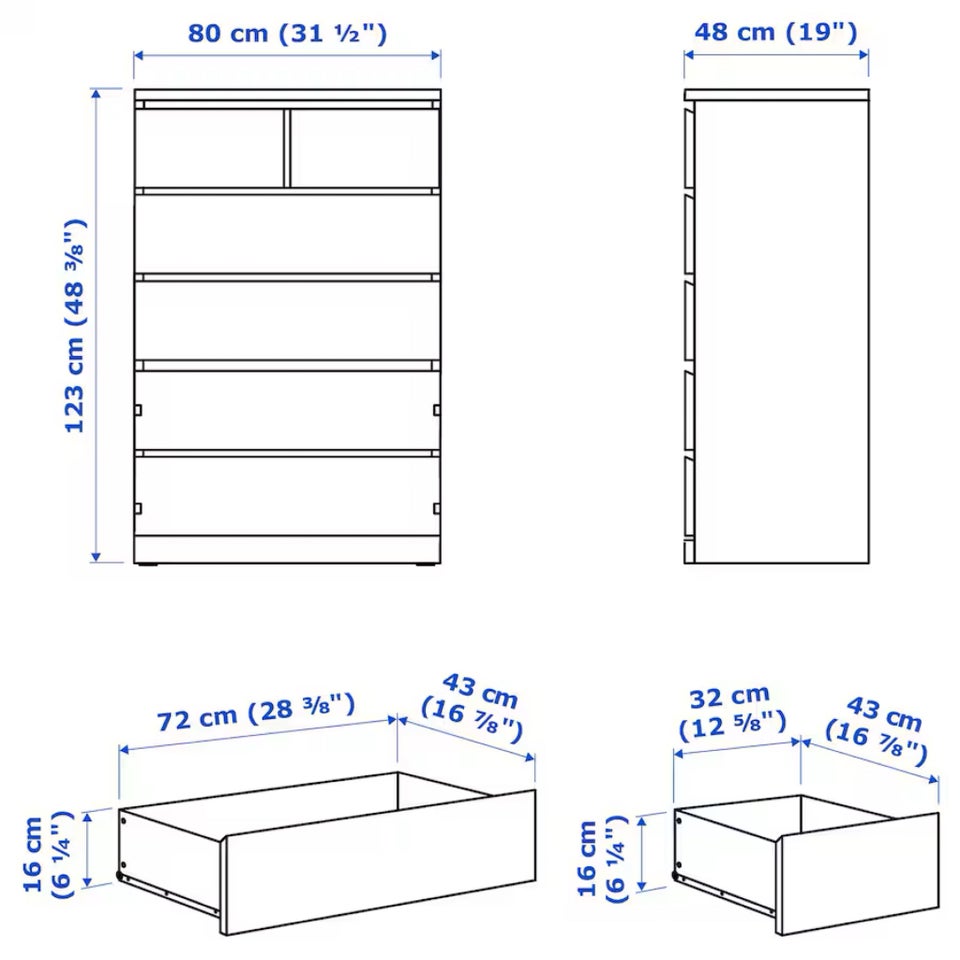 Malm kommode med 6 skuffer, Ikea