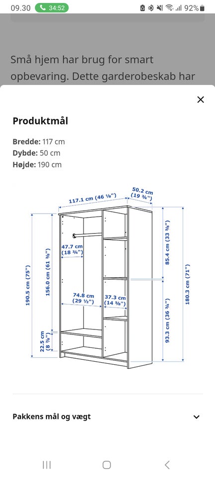 Klædeskab, Ikea, b: 117 d: 50 h: 190