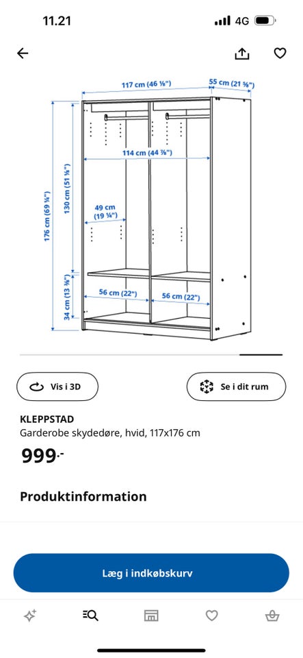 Garderobeskab Ikea b: 114 d: 49 h: