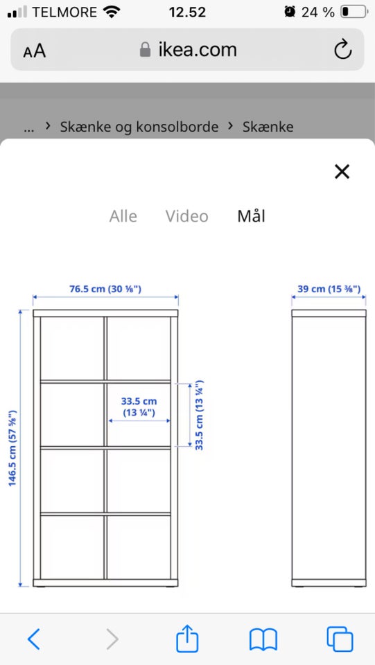 Reol, Ikea Kallax, b: 77 d: 39 h: 147