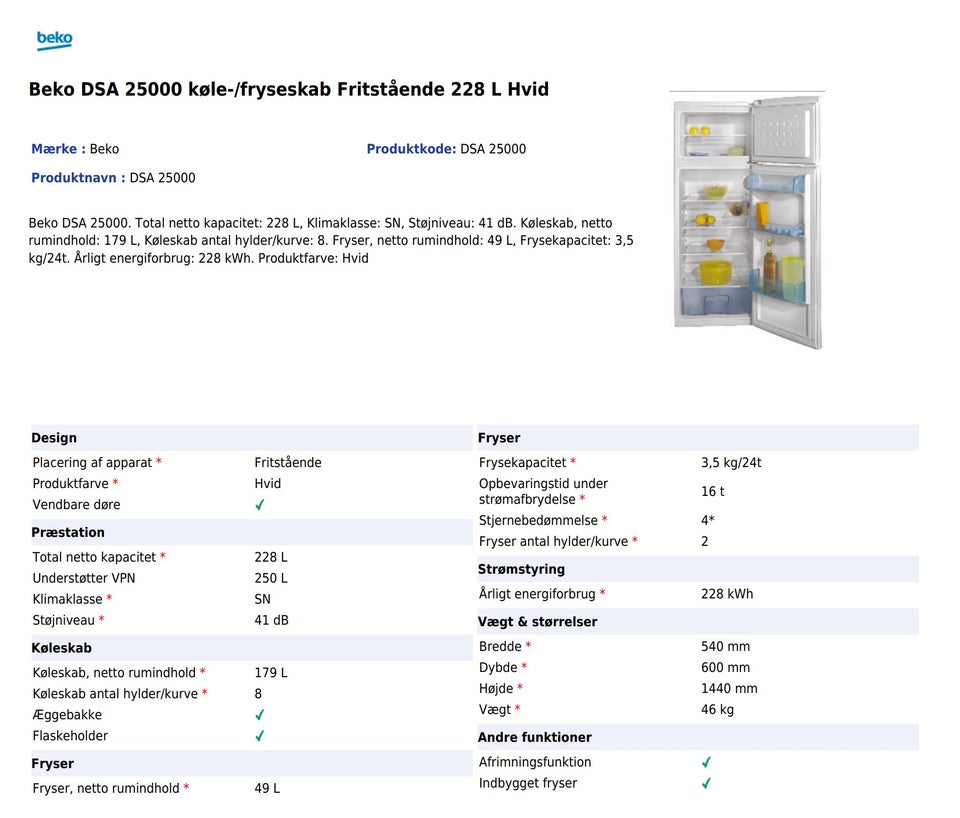 Køle/fryseskab, Beko DSA 25000,